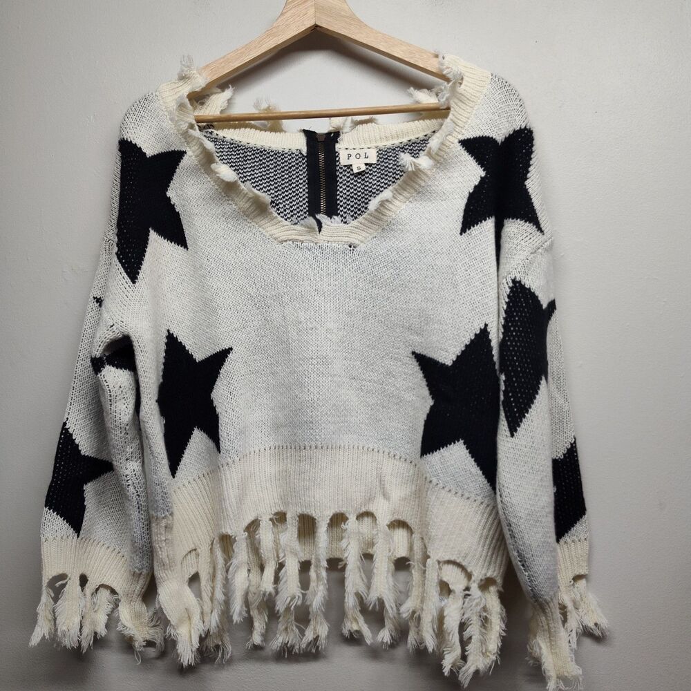 POL Sweater Women S Cream Black Stars Fringes Whimsigoth Hipster Streetwear